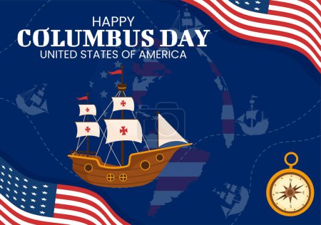 Happy Columbus Day Vector Illustration of National Usa Holiday with Ship and American Flag Background in Flat Cartoon Hand Drawn Templates