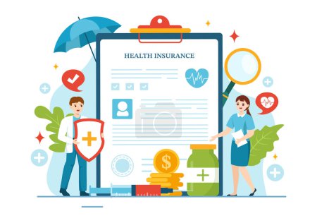 Krankenversicherungs-Vektorillustration mit medizinischem Dokumentenformular für den Gesundheitsschutz-Service in flachen, von Hand gezeichneten Cartoon-Hintergrundvorlagen