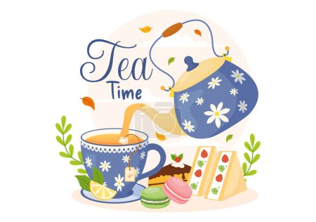 Tea Time Vector Illustration mit einem Becher Heißgetränk, süßen Desserts und Keksen, die normalerweise zwischen den Mahlzeiten in flachen, von Hand gezeichneten Cartoon-Vorlagen entstehen
