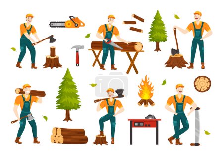 Téléchargez les illustrations : Hommes coupant le bois et coupant l'arbre avec l'équipement de travail de bûcheron Machines ou tronçonneuse dans les modèles plats de fond de bande dessinée Illustration vectorielle - en licence libre de droit