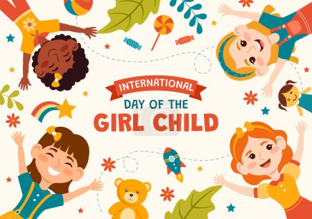 Téléchargez les illustrations : Illustration vectorielle de la Journée internationale des filles avec les petites filles pour la sensibilisation et les droits de l'homme dans les enfants plats Modèles de bande dessinée - en licence libre de droit