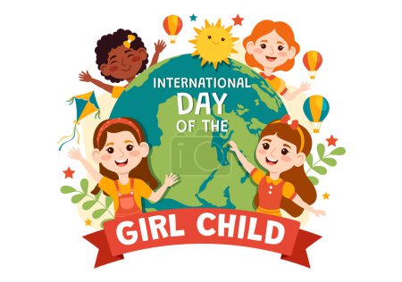 Téléchargez les illustrations : Illustration vectorielle de la Journée internationale des filles avec les petites filles pour la sensibilisation et les droits de l'homme dans les enfants plats Modèles de bande dessinée - en licence libre de droit