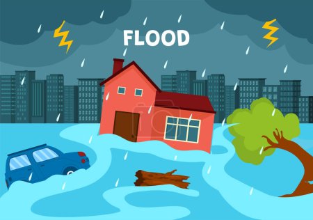 Inundaciones Vector Ilustración de la tormenta causó estragos e inundó la ciudad con casas y coches hundiéndose en dibujos animados planos Plantillas de fondo