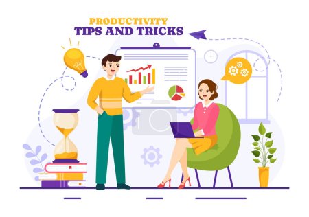 Consejos de productividad e ilustración de vectores de trucos con productos de marketing para una campaña eficaz de publicidad y promoción para impulsar el reconocimiento de marcas