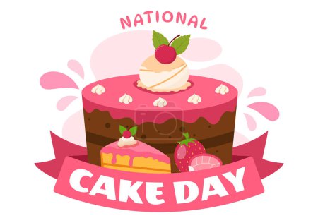 Téléchargez les illustrations : Illustration vectorielle de la Journée nationale du gâteau le jour des Fêtes Célébrez le 26 novembre avec du pain sucré dans un modèle de conception de fond rose dessin animé plat - en licence libre de droit