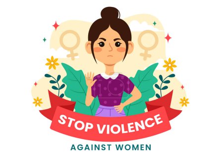 Téléchargez les illustrations : Journée internationale pour l'élimination de la violence à l'égard des femmes Illustration vectorielle le 25 novembre avec des filles et des fleurs Dessin animé - en licence libre de droit