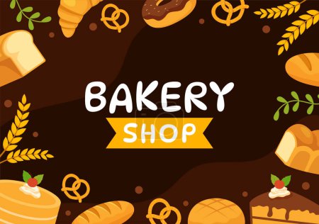 Téléchargez les illustrations : Illustration vectorielle de magasin de boulangerie avec divers types de produits de pain à vendre et à acheter à l'intérieur en dessin animé plat Modèle de conception de fond - en licence libre de droit
