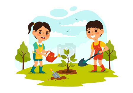 Pflanzen Vektorillustration mit Menschen Freude am Gärtnern, Pflanzen, Bewässern oder Buddeln im Garten in flachen Kids Cartoon-Hintergrunddesign