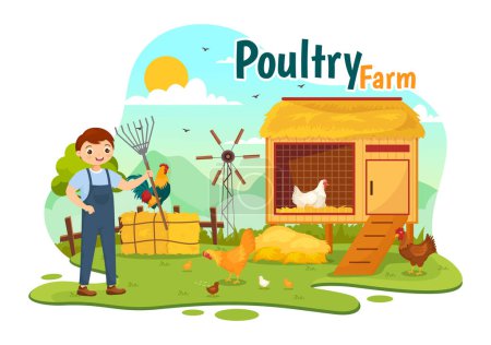Illustration for Poultry Farm Vector Illustration with Chickens, Roosters, Straw, Cage and Egg on Scenery of Green Field Background in Flat Cartoon Design - Royalty Free Image