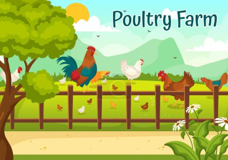 Illustration for Poultry Farm Vector Illustration with Chickens, Roosters, Straw, Cage and Egg on Scenery of Green Field Background in Flat Cartoon Design - Royalty Free Image