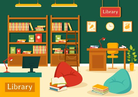 Ilustración de Biblioteca Vector Ilustración de estantes de libros con muebles de madera interior para la lectura, la educación y el conocimiento en el diseño plano de fondo de dibujos animados - Imagen libre de derechos