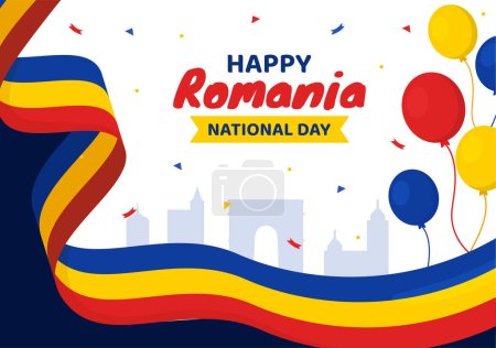 Téléchargez les illustrations : Illustration vectorielle de la fête nationale roumaine le 1er décembre avec le drapeau agitant Arrière-plan en Roumanie Great Union Memorial Holiday Flat Cartoon Design - en licence libre de droit