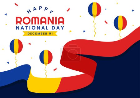 Téléchargez les illustrations : Illustration vectorielle de la fête nationale roumaine le 1er décembre avec le drapeau agitant Arrière-plan en Roumanie Great Union Memorial Holiday Flat Cartoon Design - en licence libre de droit