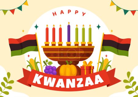 Téléchargez les illustrations : Illustration vectorielle heureuse de Kwanzaa avec Mazao, Zawadi, Mkeka, Kinara, cadeaux, tasse, bougies dans le symbole africain traditionnel de vacances fond de bande dessinée plat - en licence libre de droit