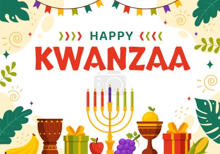 Téléchargez les illustrations : Illustration vectorielle heureuse de Kwanzaa avec Mazao, Zawadi, Mkeka, Kinara, cadeaux, tasse, bougies dans le symbole africain traditionnel de vacances fond de bande dessinée plat - en licence libre de droit
