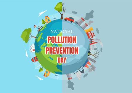 Ilustración de Día Nacional de Prevención de la Contaminación Ilustración de Vectores el 2 de diciembre para la Campaña de Concientización de Problemas de Fábrica, Bosques o Vehículos en Fondo de Dibujos Animados - Imagen libre de derechos