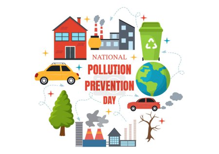 Ilustración de Día Nacional de Prevención de la Contaminación Ilustración de Vectores el 2 de diciembre para la Campaña de Concientización de Problemas de Fábrica, Bosques o Vehículos en Fondo de Dibujos Animados - Imagen libre de derechos