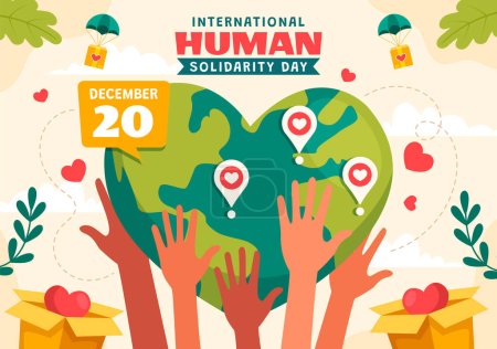 Vektor-Illustration zum Internationalen Tag der menschlichen Solidarität am 20. Dezember mit Erde, Händen und Liebe für Menschen, die Menschen helfen, im flachen Cartoon-Hintergrund