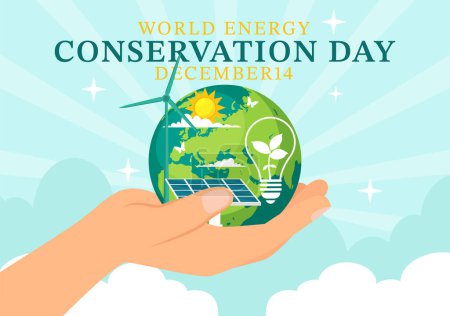 Ilustración de Día Nacional de la Conservación de la Energía Ilustración de Vectores el 14 de diciembre para Save the Planet y Green Eco Friendly con diseño de lámpara y fondo de tierra - Imagen libre de derechos
