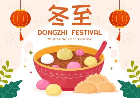 Ilustración de Dongzhi or Winter Solstice Festival Vector Illustration on December 22 with Chinese Food Tangyuan and Jiaozi in Flat Cartoon Background Design - Imagen libre de derechos