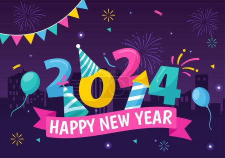 Ilustración de Feliz Año Nuevo 2024 Celebración Vector Ilustración con trompeta, fuegos artificiales, cintas y confeti en vacaciones National Flat Cartoon Background - Imagen libre de derechos