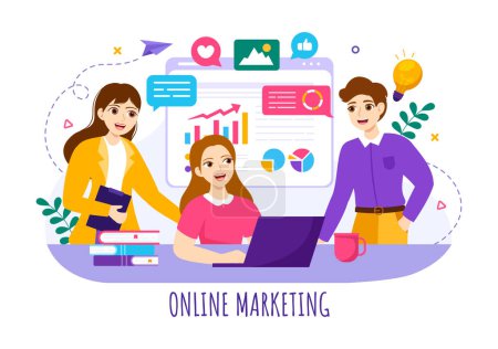 Illustration for Digital Online Marketing Vector Illustration with Business Analysis, Content Strategy, Ad Targeting and Management in Flat Cartoon Background - Royalty Free Image