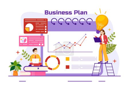 Illustration for Business Plan Vector Illustration with Target, Planning, Workflow, Time Management, Statistical and Data Analysis in Flat Cartoon Background - Royalty Free Image