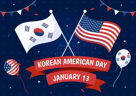 Illustration for Korean American Day Vector Illustration on January 13 with USA and South Korean Flag to Commemorate Republic Of Alliance in Flat Background Design - Royalty Free Image