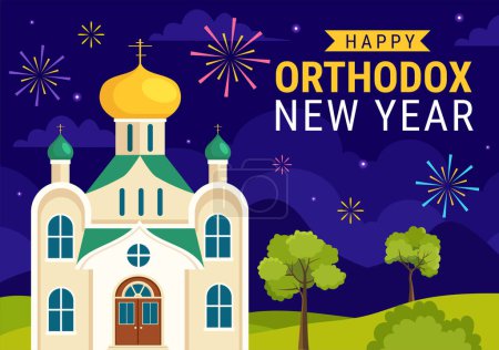 Illustration for Happy Orthodox New Year Vector Illustration on 14 January with Church and Fireworks for Poster or Banner in Flat Cartoon Background Design - Royalty Free Image