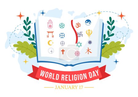 Téléchargez les illustrations : Illustration vectorielle de la Journée mondiale de la religion le 17 janvier avec des icônes symboliques de différentes religions pour affiche ou bannière en fond de bande dessinée plate - en licence libre de droit