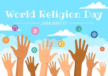 Téléchargez les illustrations : Illustration vectorielle de la Journée mondiale de la religion le 17 janvier avec des icônes symboliques de différentes religions pour affiche ou bannière en fond de bande dessinée plate - en licence libre de droit