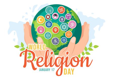 Illustration for World Religion Day Vector Illustration on 17 January with Symbol Icons of Different Religions for Poster or Banner in Flat Cartoon Background - Royalty Free Image
