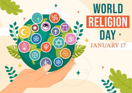 Illustration for World Religion Day Vector Illustration on 17 January with Symbol Icons of Different Religions for Poster or Banner in Flat Cartoon Background - Royalty Free Image