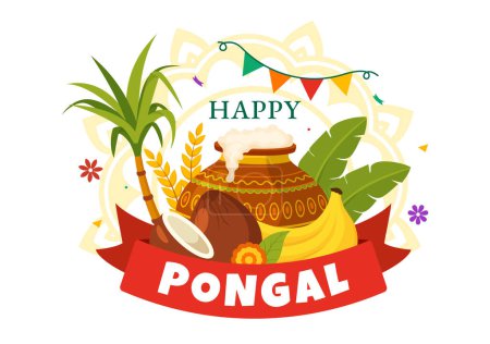 Téléchargez les illustrations : Happy Pongal Vector Illustration de la célébration traditionnelle Tamil Nadu India Festival avec canne à sucre et assiette d'accessoires religieux en arrière-plan plat - en licence libre de droit