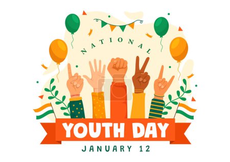 Illustration for Happy International Youth Day of India Vector Illustration with Indian Flag and Young Boys or Girls Togetherness in Flat Kids Cartoon Background - Royalty Free Image