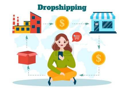 Illustration for Dropshipping Business Vector Illustration with Businessman Open E-commerce Website Store and Let Supplier Ship Product in Flat Cartoon Background - Royalty Free Image