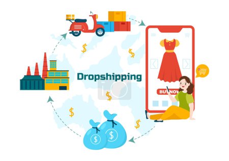Dropshipping Business Vector Illustration with Businessman Tienda web de comercio electrónico abierto y deje que el proveedor envíe el producto en fondo plano de dibujos animados