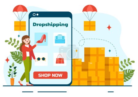 Dropshipping Business Vector Illustration with Businessman Tienda web de comercio electrónico abierto y deje que el proveedor envíe el producto en fondo plano de dibujos animados