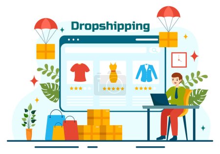 Dropshipping Business Vector Illustration mit Businessman Öffnen Sie E-Commerce Website Store und lassen Sie Lieferant Schiff Produkt in flachen Cartoon-Hintergrund