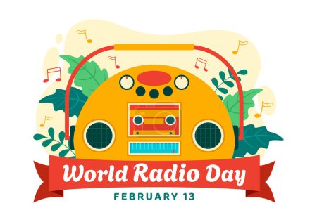 Ilustración de Día Mundial de la Radio Ilustración vectorial el 13 de febrero para los medios de comunicación utilizados y escuchar a la audiencia en el diseño plano de fondo de dibujos animados - Imagen libre de derechos