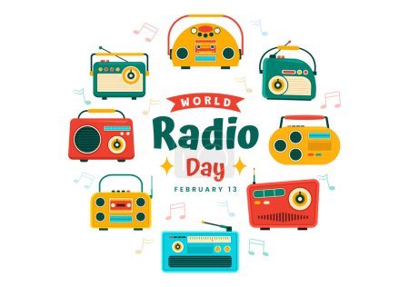 Ilustración de Día Mundial de la Radio Ilustración vectorial el 13 de febrero para los medios de comunicación utilizados y escuchar a la audiencia en el diseño plano de fondo de dibujos animados - Imagen libre de derechos