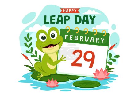 Ilustración de Happy Leap Day Vector Illustration el 29 de febrero con ranas saltando y fondo de estanque en celebración navideña Diseño plano de dibujos animados - Imagen libre de derechos