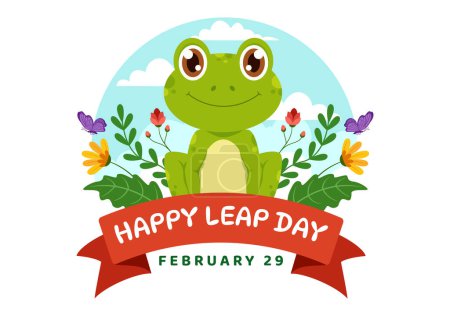 Illustration vectorielle de Happy Leap Day le 29 février avec des grenouilles sauteuses et un fond d'étang dans la conception de dessin animé plat de célébration des fêtes