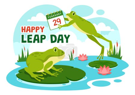 Ilustración de Happy Leap Day Vector Illustration el 29 de febrero con ranas saltando y fondo de estanque en celebración navideña Diseño plano de dibujos animados - Imagen libre de derechos