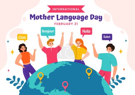 Día Internacional de la Lengua Materna Ilustración vectorial el 21 de febrero con mamá dice hola en varios idiomas del mundo en niños planos Fondo de dibujos animados