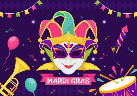Ilustración de Mardi Gras Carnival Vector Illustration. Traducción es francés para Fat Tuesday. Festival con máscaras, maracas, guitarra y plumas sobre fondo púrpura - Imagen libre de derechos