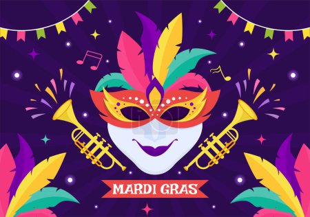 Ilustración de Mardi Gras Carnival Vector Illustration. Traducción es francés para Fat Tuesday. Festival con máscaras, maracas, guitarra y plumas sobre fondo púrpura - Imagen libre de derechos