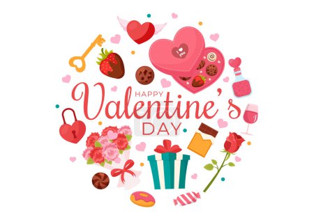 Téléchargez les illustrations : Happy Valentine's Day Illustration vectorielle sur Février 14 avec coeur ou amour pour l'affection de couple dans plat Valentine Holiday Cartoon fond rose - en licence libre de droit