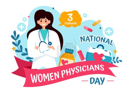 Téléchargez les illustrations : Journée nationale des femmes médecins Illustration vectorielle le 3 février pour honorer les médecins féminines à travers le pays dans la conception de fond de bande dessinée plate - en licence libre de droit