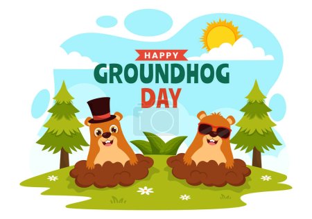 Feliz Día de la Marmota Vector Ilustración el 2 de febrero con un animal de la marmota emergió de la tierra del agujero y el jardín en el diseño de dibujos animados de fondo